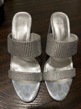 Jennifer Lopez Silver Rhinestone Double-Strap Slide Mules